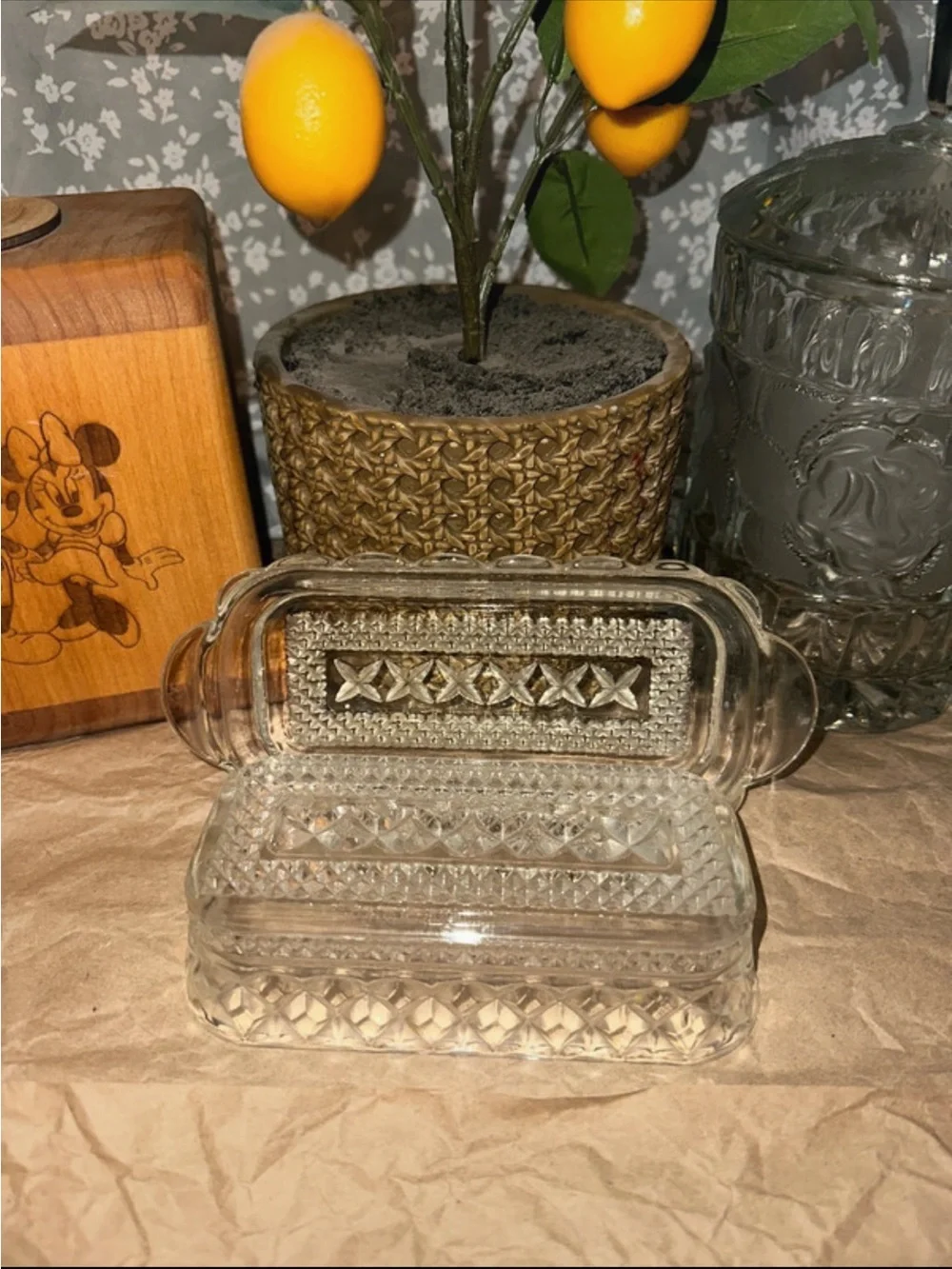 Clear Pressed Glass Butter Dish - Diamond Pattern